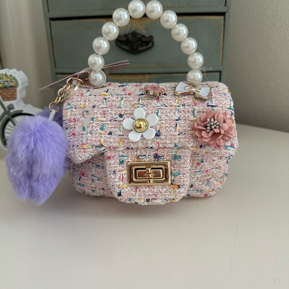 Chic Multicolor Tweed Bag with Pearl Handle